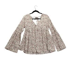 Pink Lilly Womens Shirt Size Small Blouse Top Bell Sleeves Flair Floral V-Neck